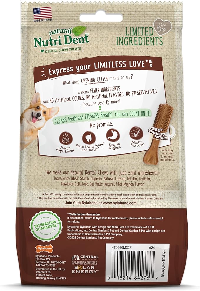 Nylabone Nutri Dent Dog Dental Chews - Natural Dog Teeth Cleaning & Breath Freshener - Dental Treats for Dogs - Filet Mignon Flavor, Mini (32 Count) (Pack of 2)-Mewly Pet