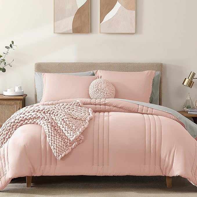 Monbix Full Comforter Set - 7 Pieces Light Pink Bed in a Bag Full Size Bedding Sets with Comforters, All Seasons Down Alternative Comforter with Sheets,Pillowcases & Shams