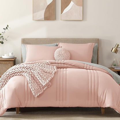 Monbix Full Comforter Set - 7 Pieces Light Pink Bed in a Bag Full Size Bedding Sets with Comforters, All Seasons Down Alternative Comforter with Sheets,Pillowcases & Shams