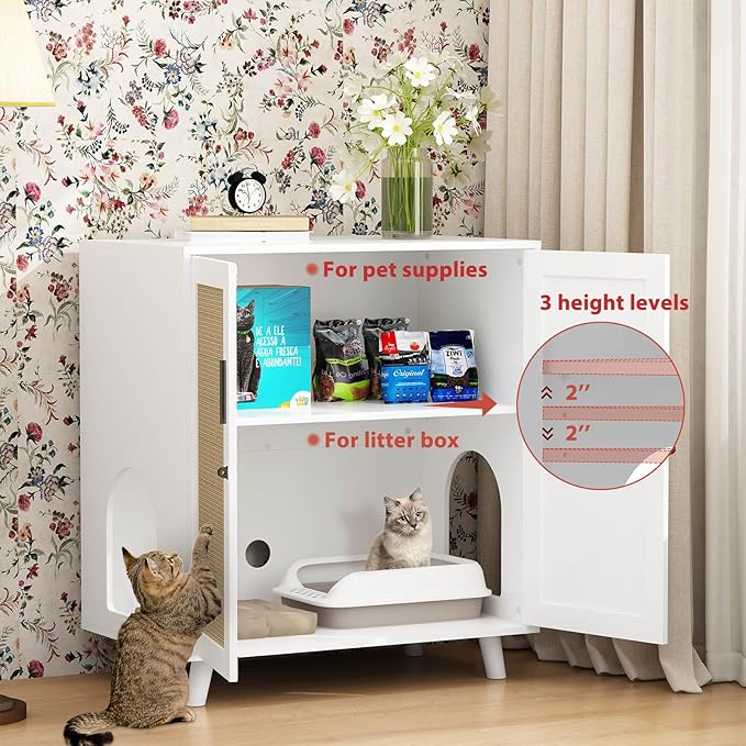 Lovinouse Large Cat Litter Box Enclosure,Hidden Kitty Litter Furniture with Sisal Covered Doors,2-Layer Wooden Cat Washroom Cabinet w/Adjustable Shelf, Side Table for Living Room,White-Mewly Pet