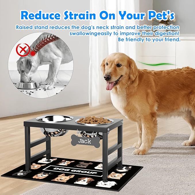 Elevated Dog Bowls, 10" Tall Height, Raised Bowl Stand with 2 Stainless Steel Food Feeder Bowls (58oz) and Spill-Proof Mat for Medium Large and Small Breeds-Mewly Pet