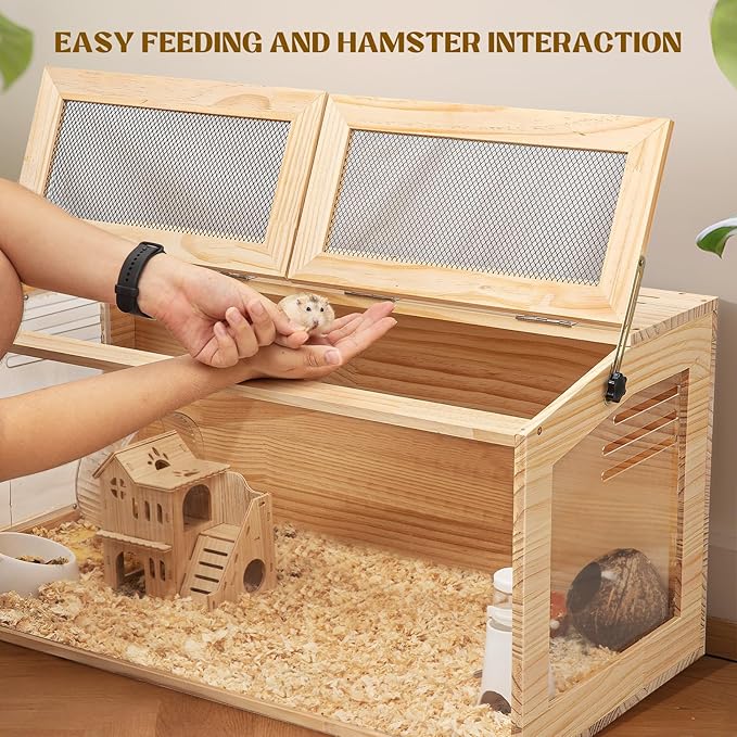 Hamster Cage 40 Inch Wooden Chewproof, 270° View Habitat with Bite-Proof Metal Mesh & Dual Access Doors, Acrylic Sheets & Solid Build for Dwarf Syrian Hamsters/Gerbils/Guinea Pigs/Chinchillas-Mewly Pet