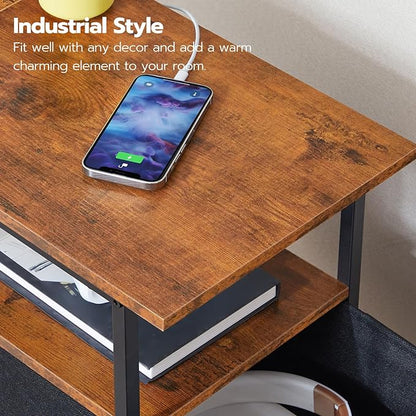 HOOBRO End Table with Charging Station, Set of 2 Narrow Side Tables, Nightstand with 2 Non-Woven Drawers, Slim Sofa Table, for Small Spaces, Living Room, Bedroom, Rustic Brown and Black BF486UBZP201