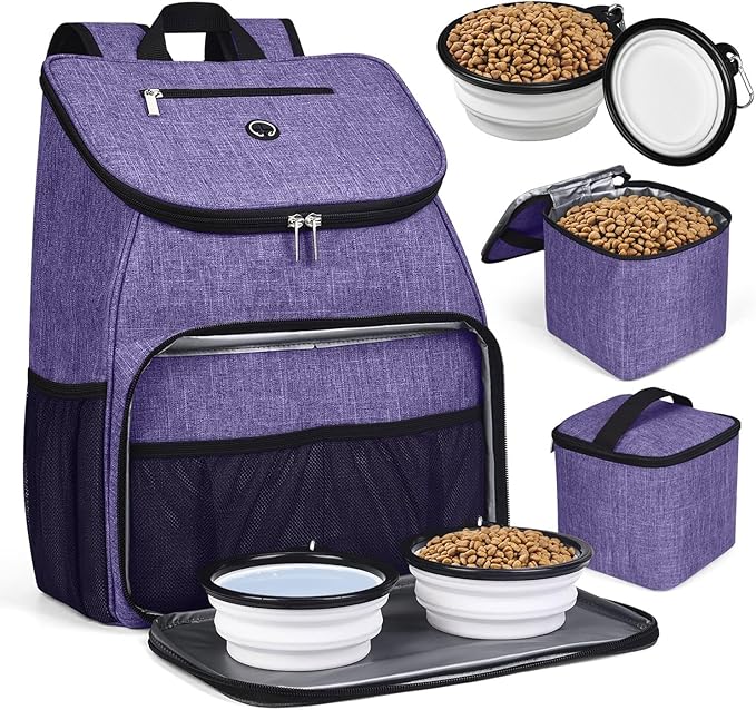 BAGLHER丨Dog Travel Bag, Airline Approved Pet Supplies Backpack, Dog Travel Backpack Accessories Set with 2 Silicone Collapsible Bowls and 2 Food Baskets. Purple-Mewly Pet