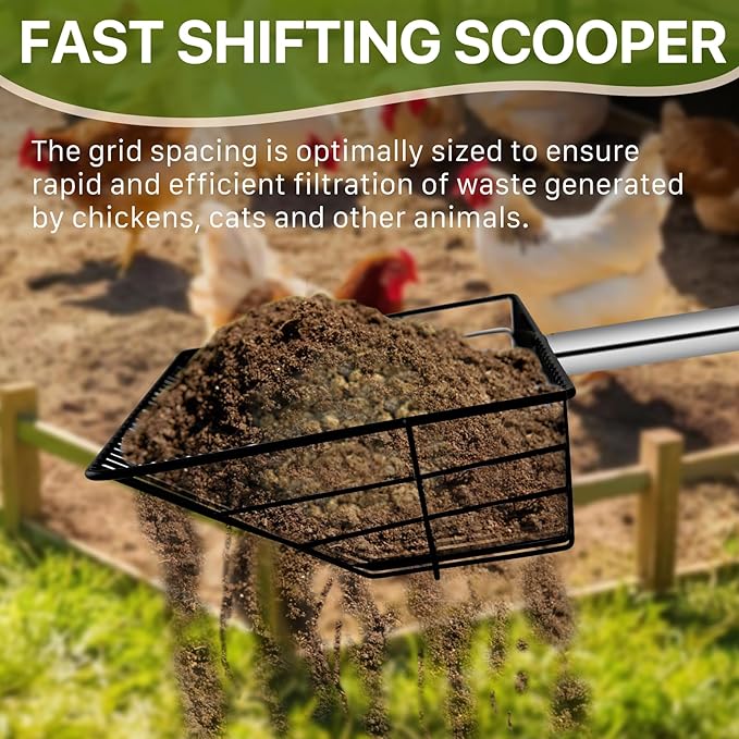 Chicken Poop Scooper with Long Handle- Coop Scoop with 24-68" Adjustable Stainless Handle, 4-in-1 Sifter Shovel for Poultry Waste Cleaning Accessories (Black)-Mewly Pet