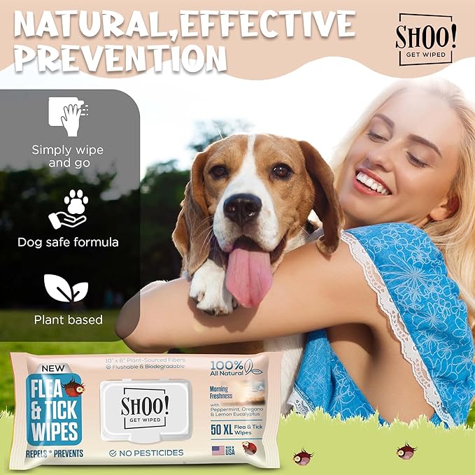 Shoo! Flea & Tick Wipes for Dogs | Convenient, Easy On-The-Go Protection | Plant Based, Natural Oils, Chemical Free | Repels & Prevents | 50 XL Wipes | (Morning Freshness)-Mewly Pet