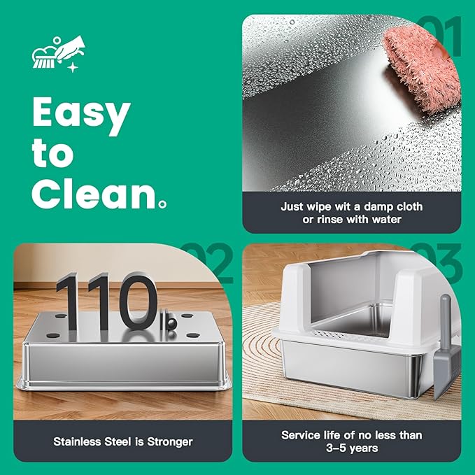 Tripamin XXL Stainless Steel Litter Box with High Sides 28"x20.5"x14" Extra Large Metal Litter Box for Big Cats&Multiple cat, Jumbo Top Entry Litter Pan with lid (White, XXX-Large)-Mewly Pet