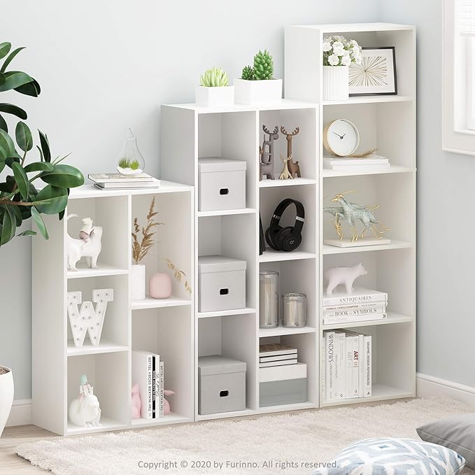 Furinno LUDER Book Shelf, 7-Cube Bookshelf, Bookcase, 9.4" x 19.5" x 41.7", for Living Room, Bedroom, Home Office, White