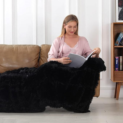 Tuddrom Decorative Extra Soft Faux Fur Throw Blanket 50" x 60",Reversible Fuzzy Long Hair Shaggy Throw Blankets, Fluffy Cozy Plush Fleece Comfy Microfiber Fur Blanket for Couch Sofa Bed, Black