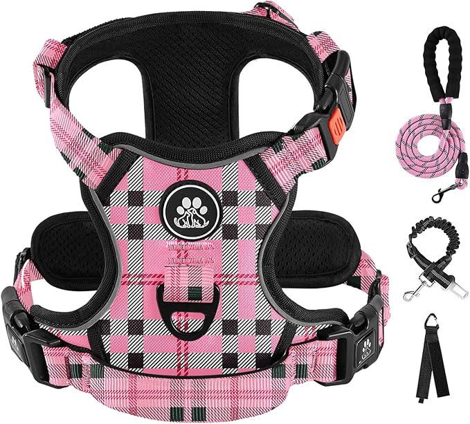 IVY&LANE No Pull Dog Harness with Leash Set, Reflective No Choke Pet Vest,Adjustable Oxford Dog Vest Harness with Easy Control Handle for Large Dogs (Checkered Pink,XL)-Mewly Pet
