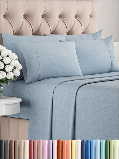 Queen 6 Piece Sheet Set - Comfy Breathable & Cooling - Soft Hotel Luxury Bedding Set with 8-16 Inch Deep Pockets - 1 Flat & 1 Fitted Sheet & 4 Pillowcases - Wrinkle Free & Easy Care - Heathered Blue