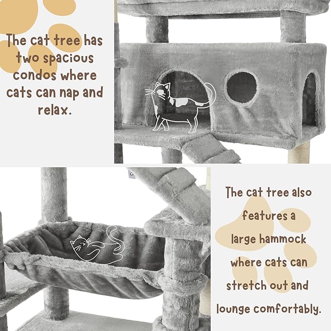 Cat Tree, 80-Inch Large Cat Tower with 9 Scratching Posts, 2 Perches, 2 Caves, 2 Basket, 2 Stairs, Extra Large Hammock, Pompoms, Multi-Level Plush Cat Condo for Indoor Cats/Light Grey-Mewly Pet