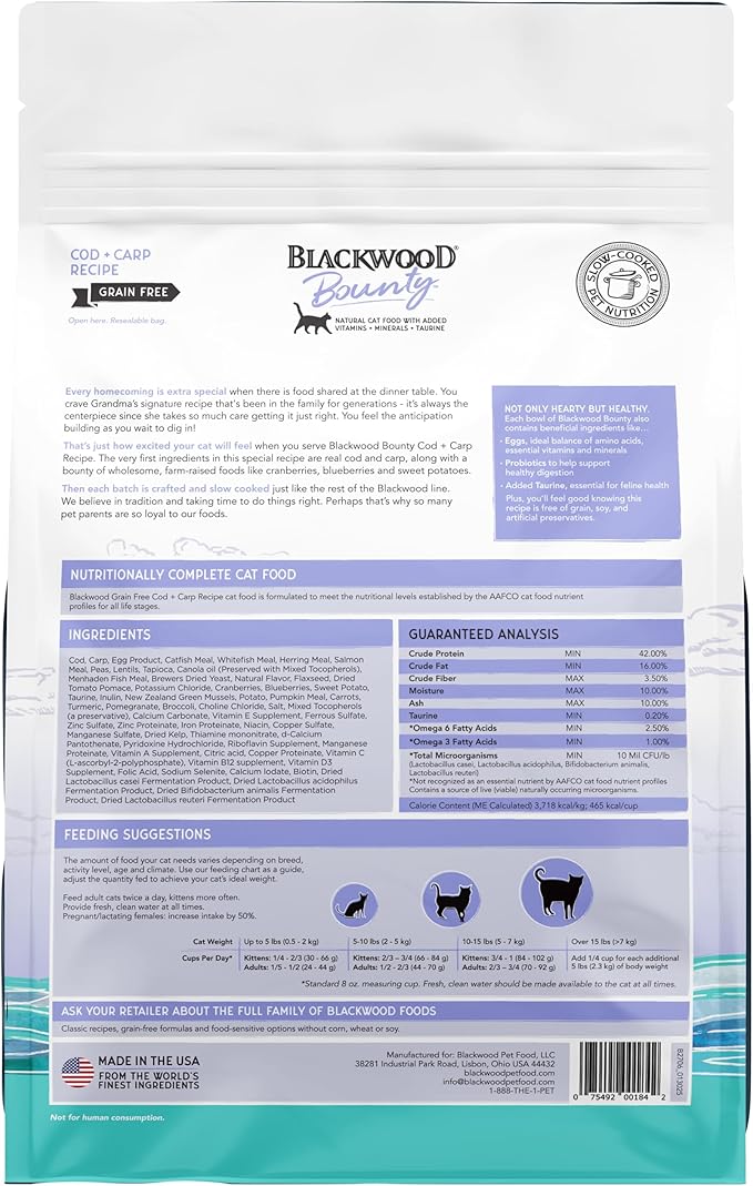Blackwood Bounty Dry Cat Food, Cod & Carp Recipe for All Life Stages, 4.5 Pound Bag, High Protein, Grain Free-Mewly Pet