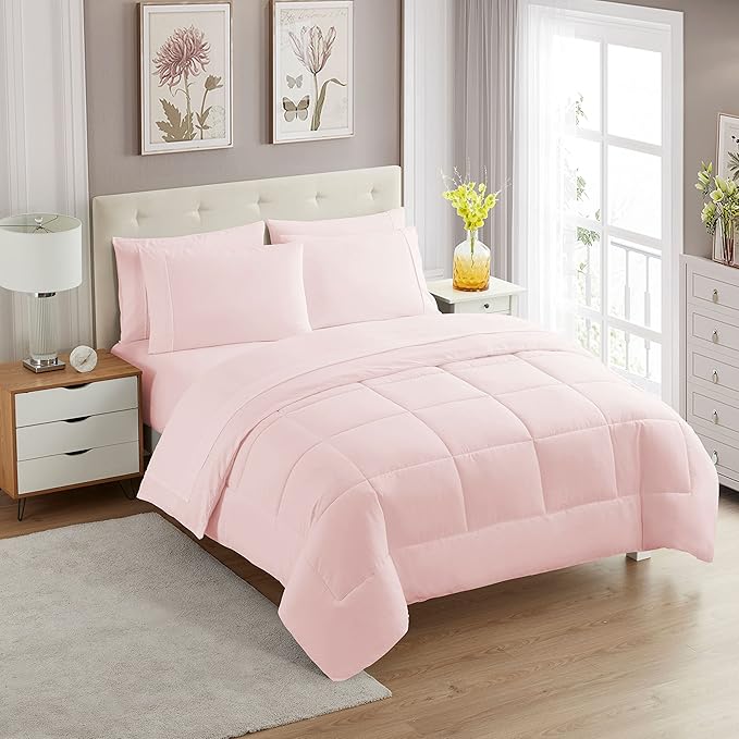 Sweet Home Collection 7 Piece Comforter Set Bag Solid Color All Season Soft Down Alternative Blanket & Luxurious Microfiber Bed Sheets, Pale Pink, Full