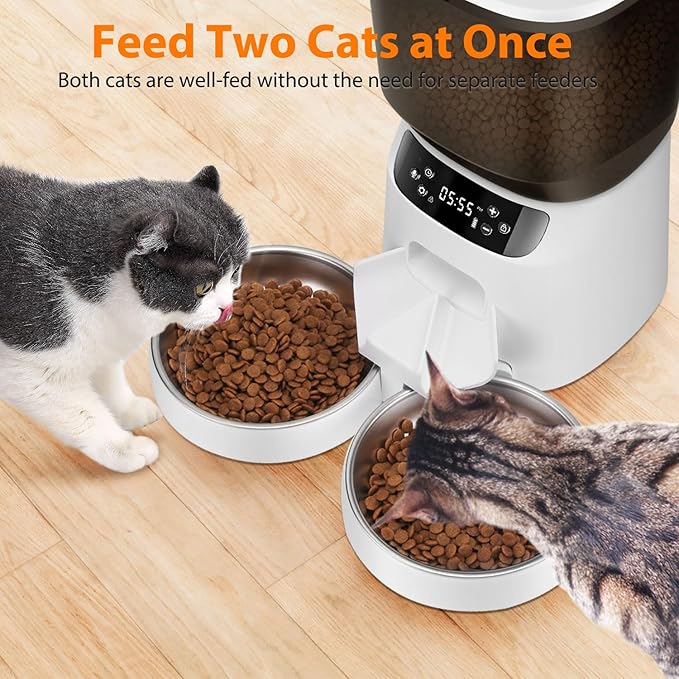 Automatic Cat Feeders for Two Cats, 5L/20 Cups Double Automatic Cat Food Dispenser with 2 Stainless Bowls, Timer Setting 20 Portions 6 Meals Per Day, 10s Meal Call, Pet Feeder for Dog (White)-Mewly Pet