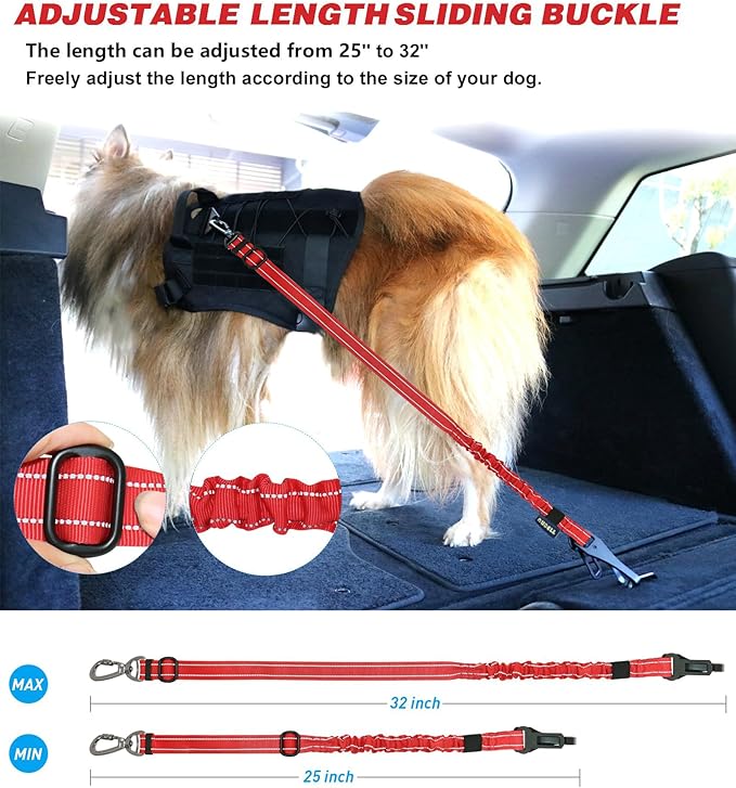 AUBELL Dog Seat Belt for Car,Updated 3-in-1 Adjustable Reflective Bungee Heavy Duty Dog Car Harness Tether with Clip Hook Latch & Buckle,Swivel Zinc Alloy Carabiner,Red-Mewly Pet