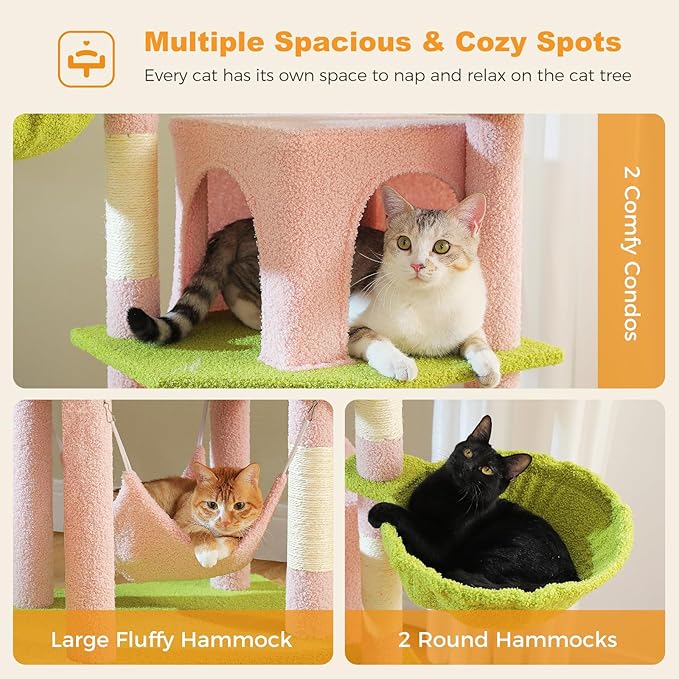 71.2" Large Cat Tree for Multi-Cat Households - Heavy-Duty 9-Level Cat Tower w/5 Sisal Scratching Posts, 2 Condos, 3 Hammocks, Extra-Large Perch & Pompoms - Space-Saving, Pink-Mewly Pet