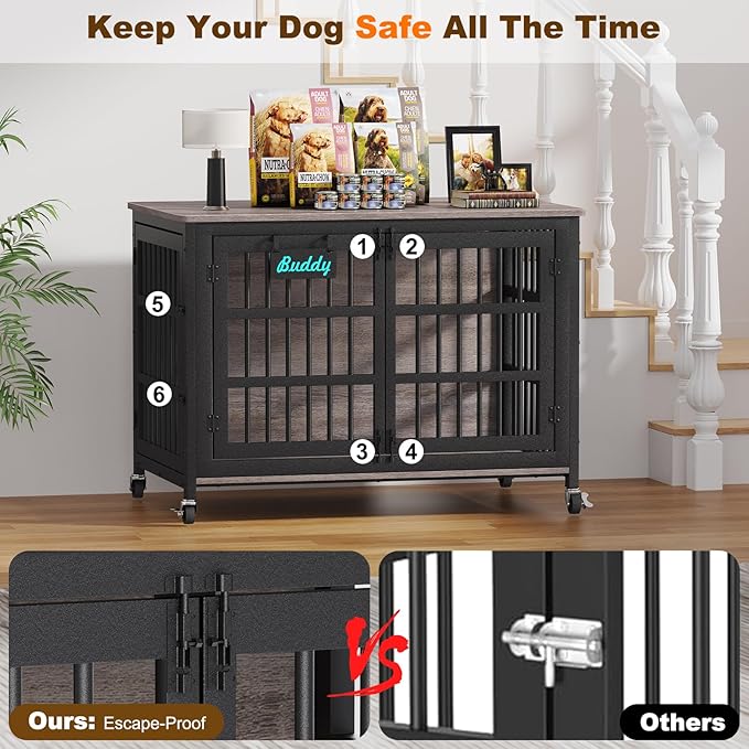 EasyCom 48"/42"/33" XXL Dog Crate Furniture with Casters, Heavy Duty Dog Kennel Indoor for Large Dogs, Escape-Proof and Chew-Proof Dog Cage for high Anxiety Dog, Decorate House as TV Stand, End Table-Mewly Pet