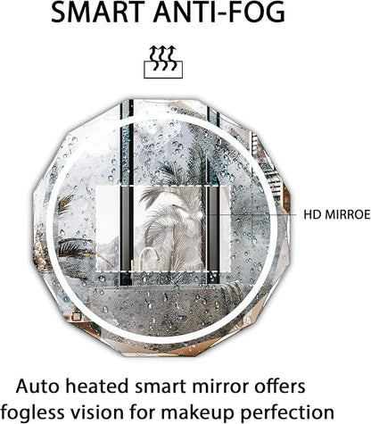 Round LED Bathroom Mirror, Beveled Edge Frameless Wall Mount Bathroom Vanity Mirror with 3-Color and Anti-Fog, 30 Inch, Silver