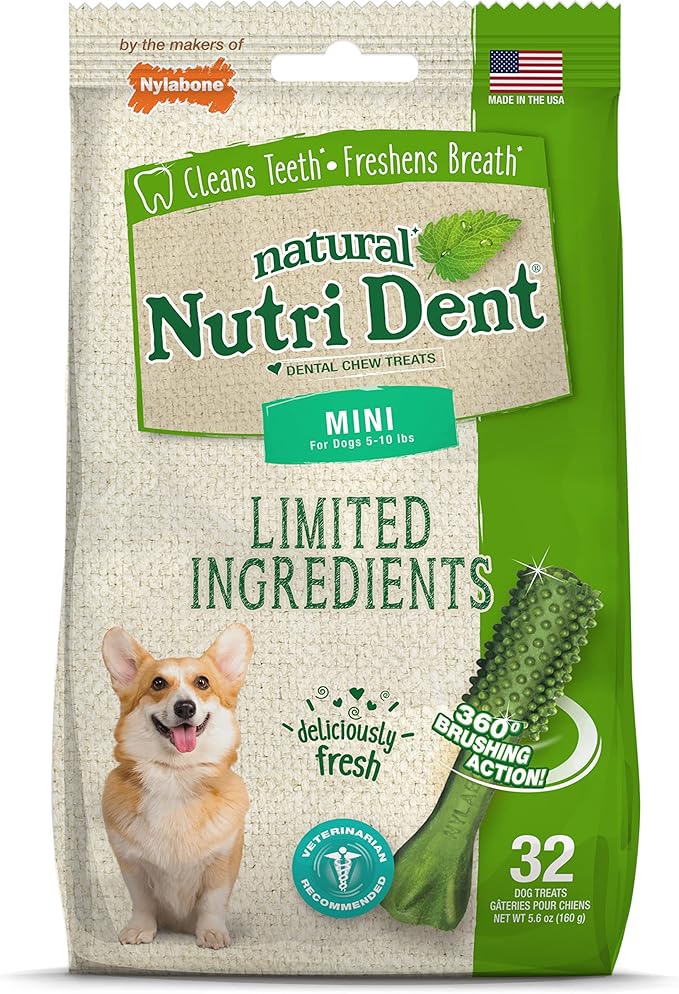Nylabone Nutri Dent Dog Dental Chews - Natural Dog Teeth Cleaning & Breath Freshener - Dental Treats for Dogs - Fresh Breath Flavor, Mini (32 Count)-Mewly Pet