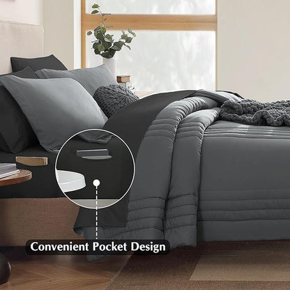 Monbix California King Size Comforter Set - 7 Pieces Bed in a Bag California King, Grey Bedding Sets with Comforter, All Seasons Down Alternative Comforter Bed Set with Sheets, Pillowcases & Shams