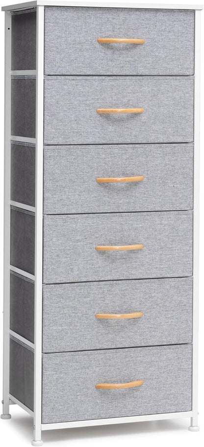 Crestlive Products Tall Dresser Storage Tower - Sturdy Steel Frame, Wood Top, Easy Pull Fabric Bins, Handles - Vertical Organizer Unit for Bedroom, Hallway, Entryway, Closets - 6 Drawers (Light Gray)