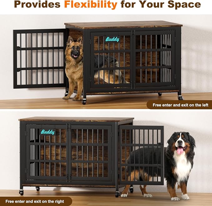 EasyCom 48"/42"/33" Dog Crate Furniture with Name Tag, Heavy Duty Dog Kennel Indoor for Large Dogs, Escape-Proof and Chew-Proof Dog Cage for high Anxiety Dog, Decorate House as TV Stand, End Table-Mewly Pet