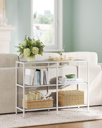 VASAGLE 39.4 Inch Console Table with 3 Shelves, Sofa Tables, Modern Entryway Table, Metal Frame, Tempered Glass Shelf, Entryway Living Room Bedroom, Pearl White and Slate Gray ULGT027W01