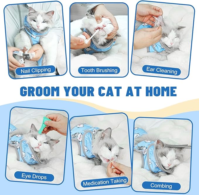 Supet Cat Grooming Hammock, Self-Adhesive Cat Nail Clipper Hammock, Soft Fabric Cat Wrap for Cutting Nails, Quickly Calm Down for Medicine, Teeth Brushing, Ear Cleaning-Mewly Pet