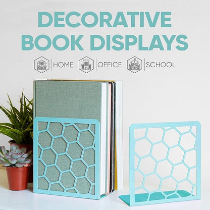GEOMOD Geometric Honeycomb Turquoise Metal Bookends Decorative - Tall Sturdy Book Ends for Shelves - Modern Heavy Duty Bookend Stopper - Office Shelf Book Holder - 6x3.25x6.25 Inches - 1 Pair