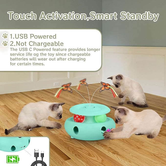 Cat Toys,3-in-1 Interactive Cat Toys for Indoor Cats,Rechargeable Automatic Interactive Cat Toy with Fluttering Butterfly,Smart Sensor 6 Holes Mice Whack-A-Mole and Track Balls,Blue-Mewly Pet