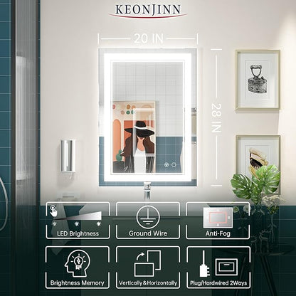 Keonjinn LED Mirror for Bathoom 20 x 28 Inch, Bathroom Mirror with Front Lights, Shatter-Proof Tempered Glass, UL-Listed LED Driver, Anti-Fog, Dimmale 6000K, Easy Installation(Horizontal/Vertical)
