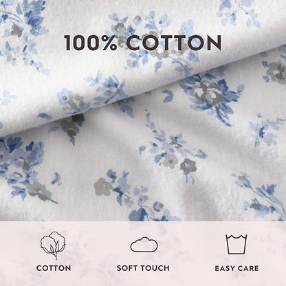 Laura Ashley - Flannel Sheets Queen Size, Anti-Pilling & Wrinkle Resistant Cotton, Touchably Soft for All-Season Comfort - Bed Sheets with Matching Pillowcases & Fitted Sheet (Audrey Blue)
