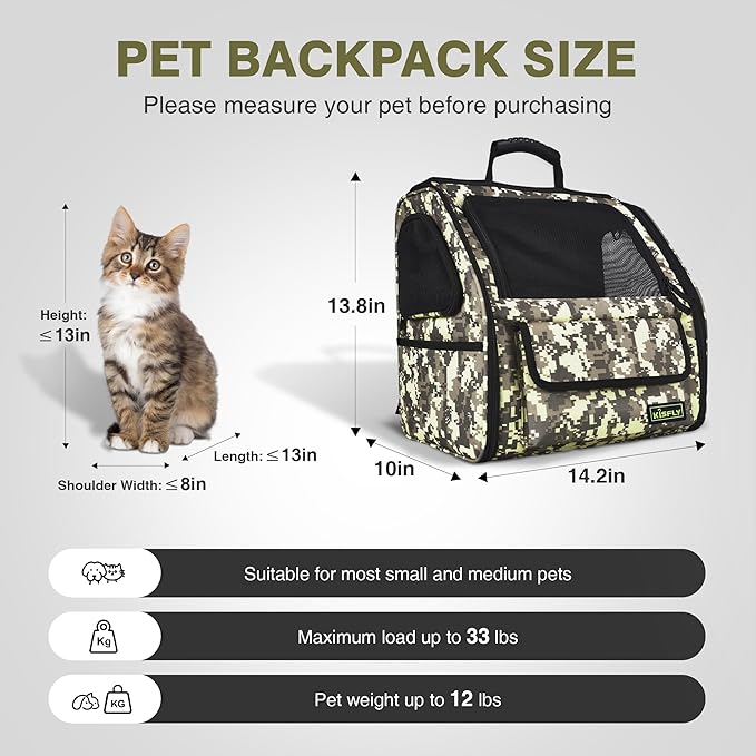 Collapsible Cat Backpack Carrier, Dog Backpack Carrier for Small Dogs Cats Up to 12 Lbs, Three-Sided Breathable Pet Backpack with Soft Padded, Designed for Outdoor and Travel Use, Camo-Mewly Pet