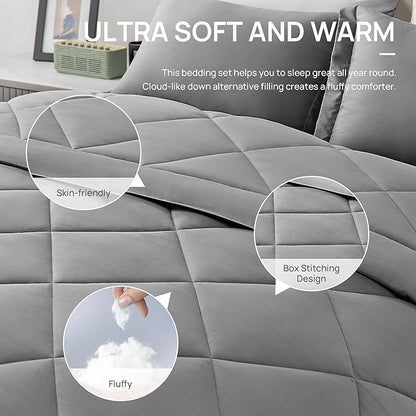 Love's cabin California King Comforter Set Grey, 7 Pieces California King Bed in a Bag, All Season Bedding Sets with 1 Comforter, 1 Flat Sheet, 1 Fitted Sheet, 2 Pillowcase and 2 Pillow Sham