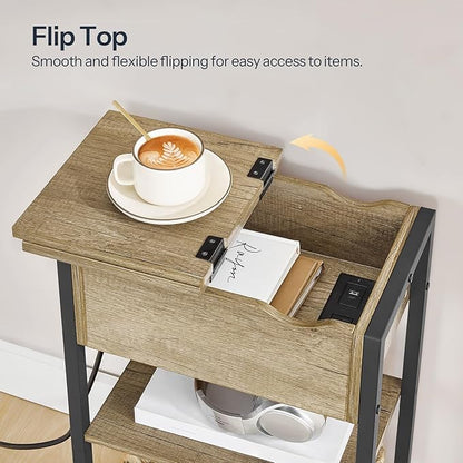 HOOBRO End Table with Charging Station, Narrow Side Table, Flip Top Nightstand with USB Ports and Outlets, Bedside Tables with Shelf for Small Spaces, Living Room, Sunwashed Ash Oak BHH341BZ01
