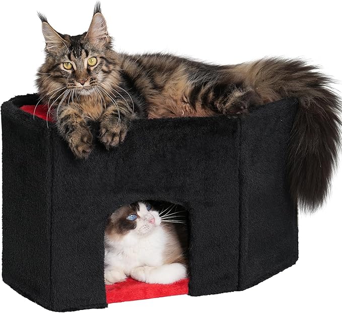 Gothic Cat Condo Cave for Indoor Cats, Spacious Indoor Coffin Cat House Bed,Large 20x13.5inch Bunk Perch, Stable Cubbie for Pets Rabbits, Halloween Red Black-Mewly Pet
