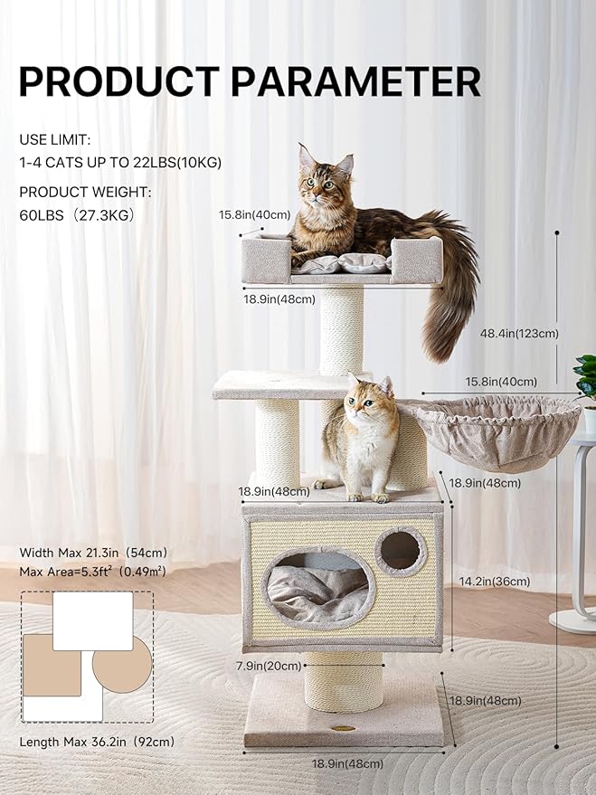 Maine Coon Cat Tree for Indoor Cats Large Adult,Modern Cat Tower for Extra Large Cats 20 lbs+,Heavy Duty Cat Tree with Sisal Scrathing Post,Hammock,Perch,Condo,Bed-Mewly Pet