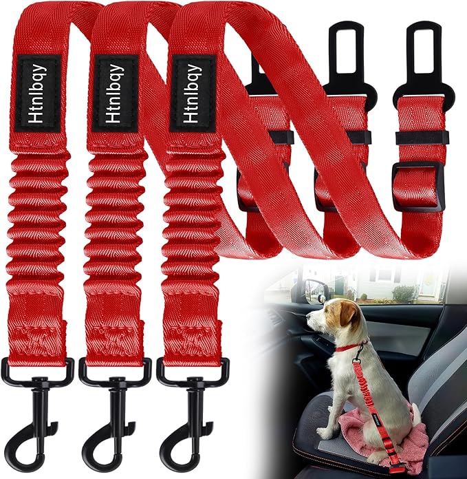 3 Pack Thickened Dog Seat Belt Adjustable Dog Car Seatbelts for Vehicle Nylon Pet Safety Seat Belt with Elastic Bungee Buffer Durable Car Harness for Dogs,Red-Mewly Pet