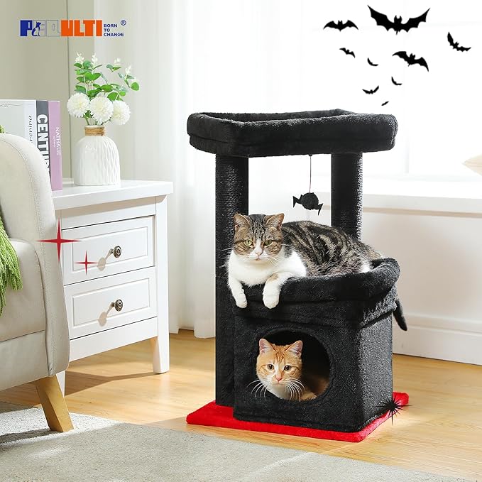 PEQULTI Cat Tree Gothic Cat Tower for Indoor Cats with Private Cozy Cat Condo, Natural Sisal Scratching Posts and Plush Pom-pom for Small Cats Black-Mewly Pet