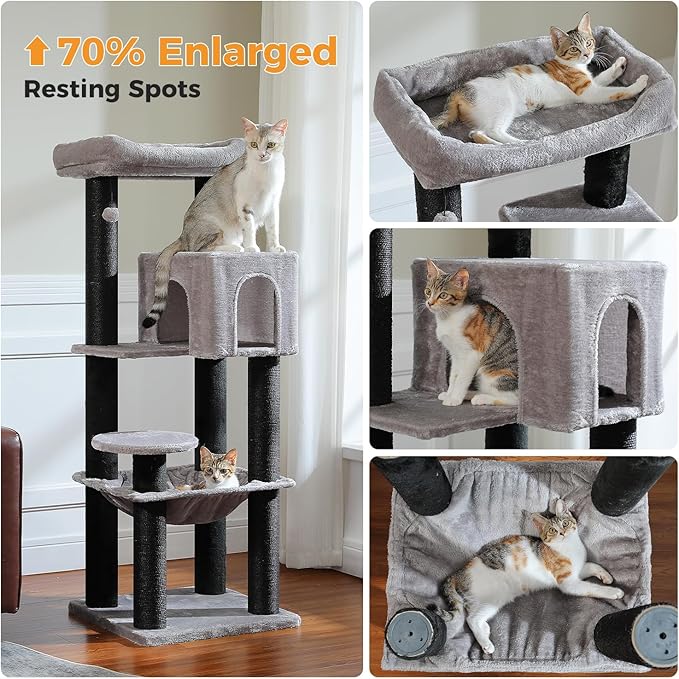 Large Cat Tree with Reinforced Scratching Posts (φ3.1in) for Big Adult Cats 30 lbs, 57.8" Heavy Duty Cat Tower with Larger Hammock and Condo, Cat Furniture for Maine Coon, Plush,Black-Mewly Pet