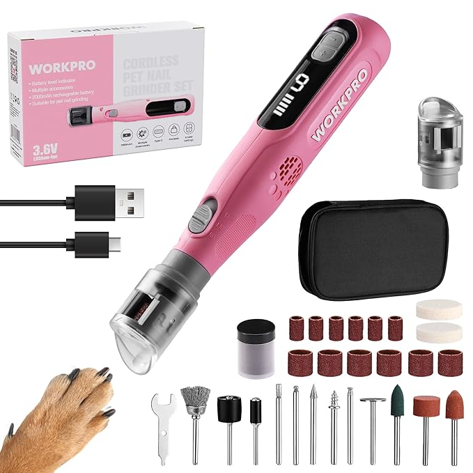 WORKPRO 6-Speed Dog Nail Grinder, Pet Nail Grinder for Small, Medium, and Large Dogs and Cats, 70 Accessories Rotary Tool with Type-C Charging Cable and Storage Bag for Sanding, Carving, and Polishing-Mewly Pet