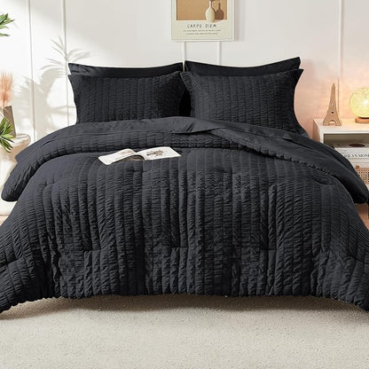 HYMOKEGE Black Twin Comforter Set Seersucker 5 Pieces, All Season Luxury Bed in a Bag for Bedroom, Bedding Set with Comforters, Sheets, Pillowcase & Sham