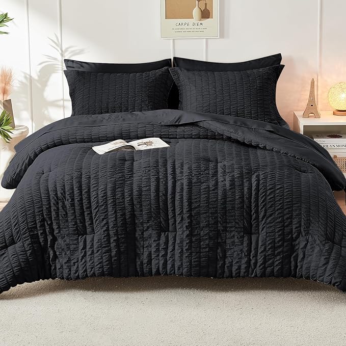 HYMOKEGE Black Queen Comforter Set Seersucker 7 Pieces, All Season Luxury Bed in a Bag for Bedroom, Bedding Set with Comforters, Sheets, Pillowcases & Shams