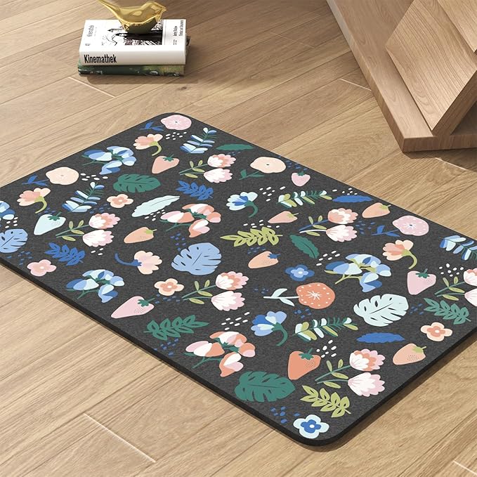 Pet Feeding Mat-Absorbent Dog Mat for Food and Water Bowl-No Stains Quick Dry Water Dispenser Mat-Dog Accessories Pet Supplies-Bowl for Messy Drinkers（DARKFLOWERS,16"x24"-Mewly Pet