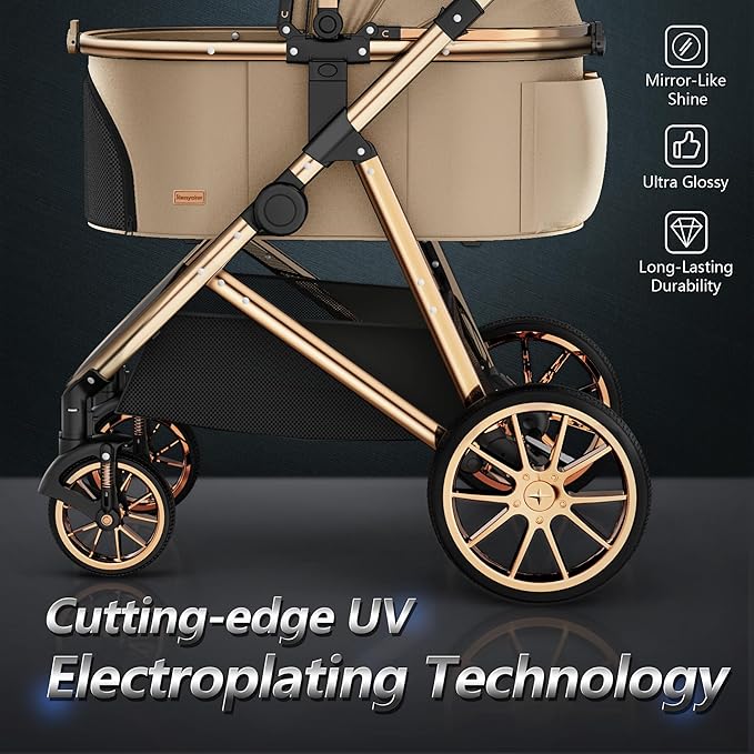 Kenyone Luxury Pet Stroller 3 in 1 with Electroplated Gold Mirror Finish for Medium Small Size Dogs and Cats, High-End Detachable Carrier for Puppy, Kitty, Doggie(C910L Khaki)-Mewly Pet