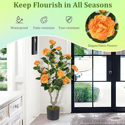 GOFLAME 3FT Artificial Camellia Tree, 2 Pack Faux Camellia Plant with Orange Flowers, Solid Wood Trunk, Realistic Moss, Greenery Potted Decoration Tree for Indoor Outdoor Home Porch Front Door