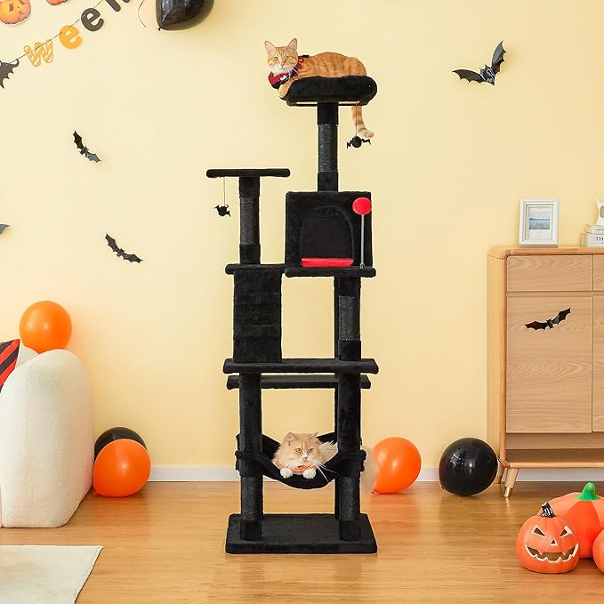MWPO Gothic Cat Tree for Indoor Cats, 63.8 Inches Multi-Level Cat Tower with Sisal-Covered Scratching Posts, Padded Platform, Hammock, Dangling Toys, Stable Cat Condo Pet Play House, Black-Mewly Pet