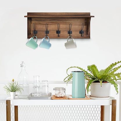 HBCY Creations Rustic Brown Solid Wood Wall Mounted Coat Rack with Shelf, 5 Hooks, 24" Long - Kitchen, Mudroom, Entryway, Bathroom - Includes Mounting Hardware, Coat Hanger, Dog Leash Hooks