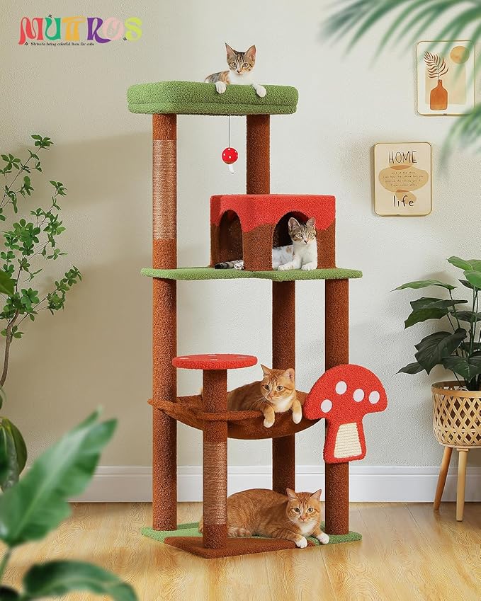 Mushroom Cat Tree Tower with Removable Scratcher, Large Hammock, Condo, Perch, 3 Sisal Posts – Multi-Level Cat Tree for Indoor Cats, Cute Cat Tower for Small Space Homes-Mewly Pet